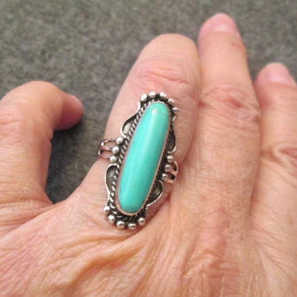 Native American 925 Sterling & Turquoise Elongated Oval Ring, Turquoise Ring - Picture 1 of 13